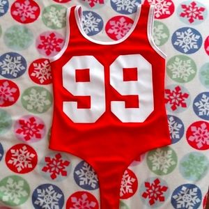 A re and white 99 body suite